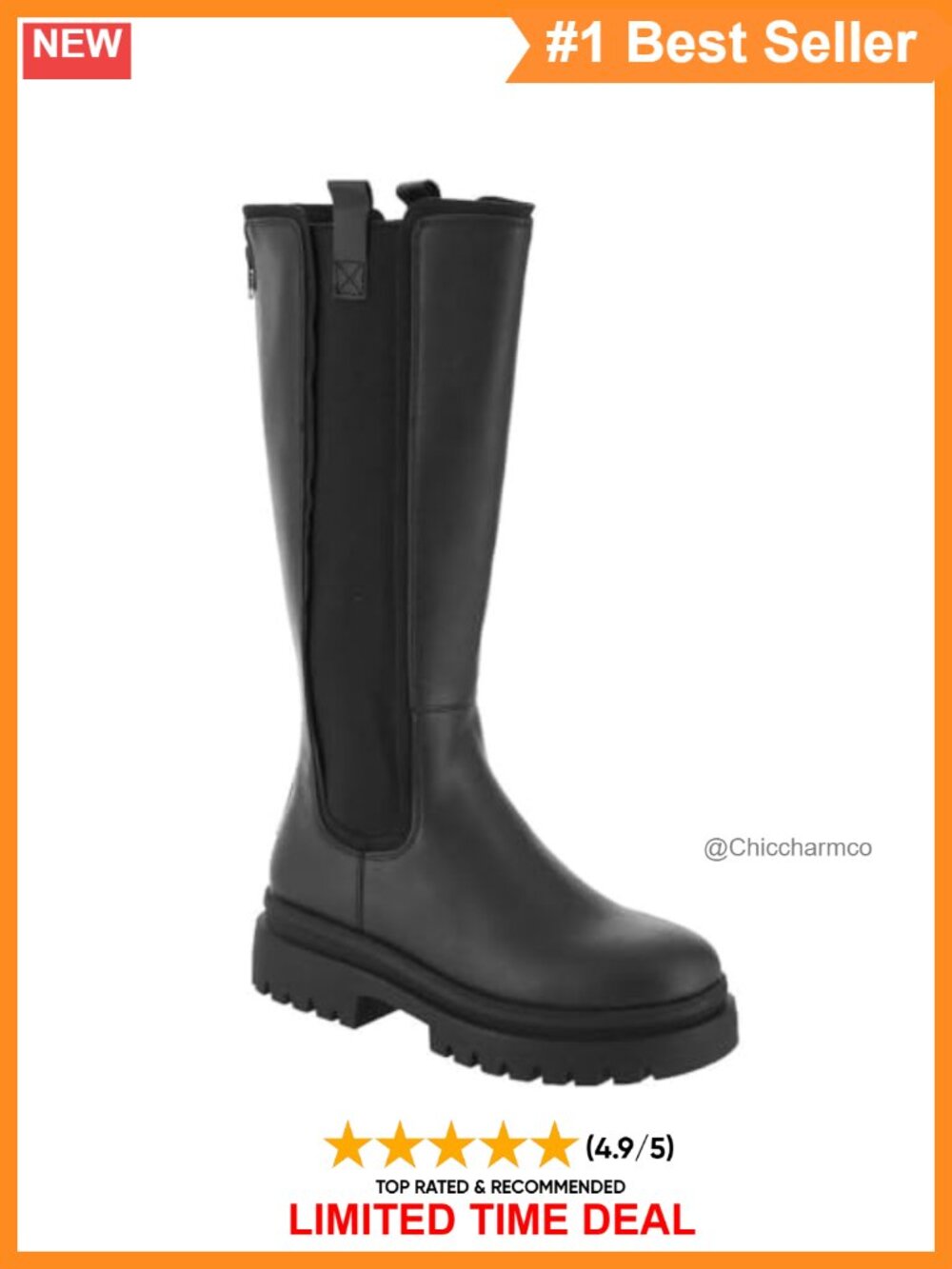 Faux Leather Knee High Chelsea Boots Low Block Heel